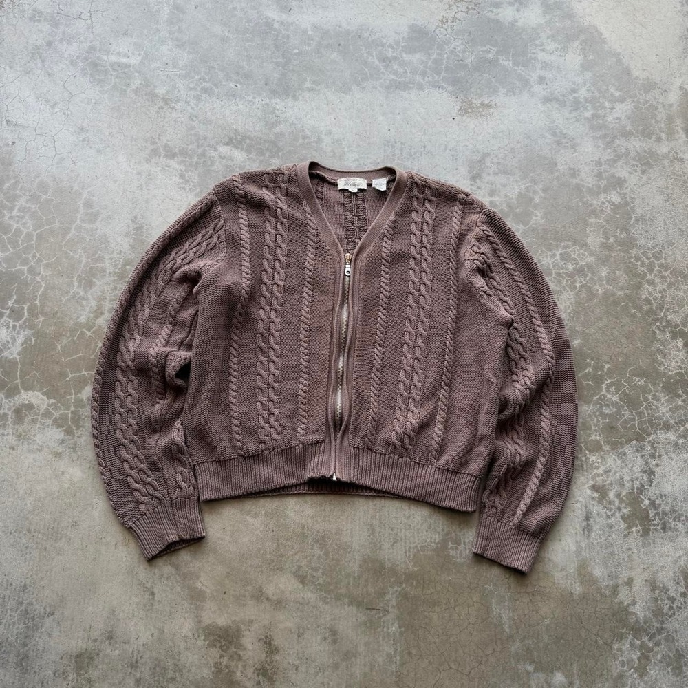 Vintage 90's Lord & Taylor brown cable knit 100% cotton cropped zip  cardigan M